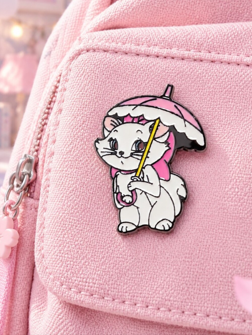 Aristocats Marie Lapel Pin Pink Umbrella White Cat Enamel Kawaii Disney Inspired